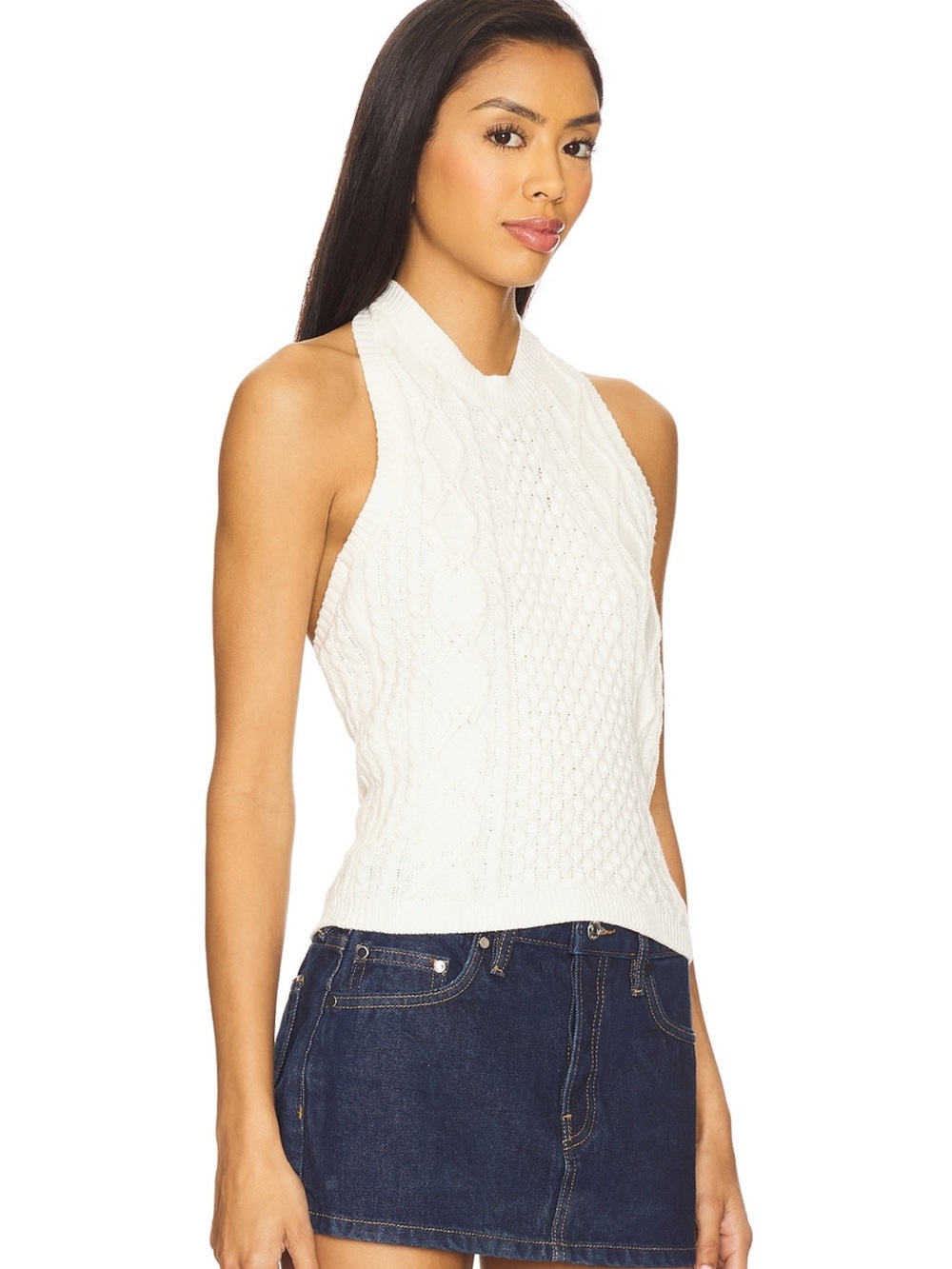 Central Park West White Cable Knit Sleeveless Crop Top - Picture 2 of 3